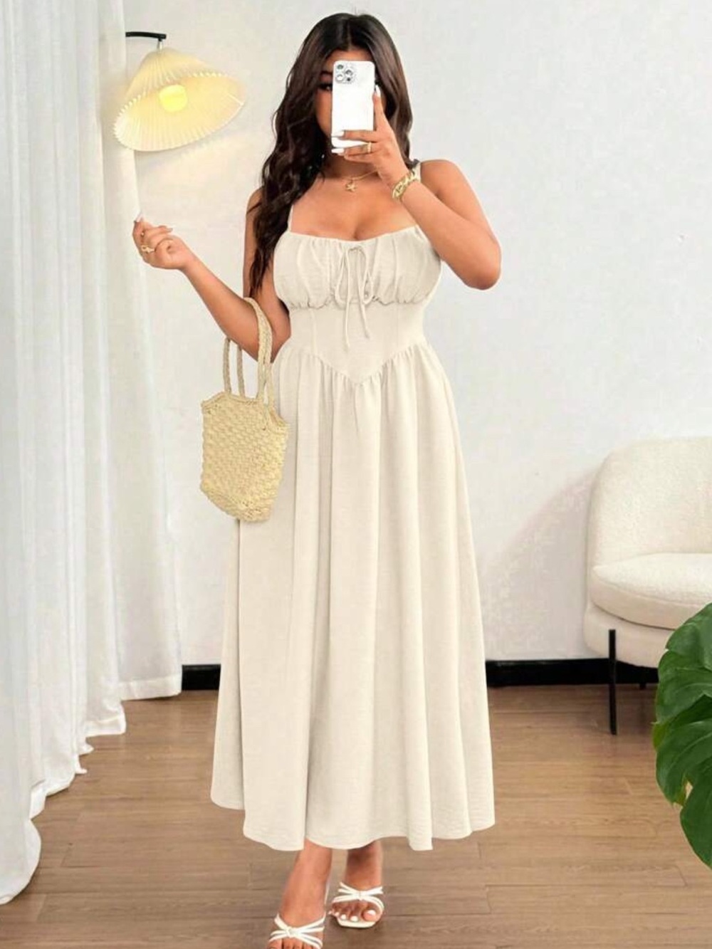 Flirla Plus Size Women's Elegant Front Tie Bow Spaghetti Strap Maxi Beach Dress